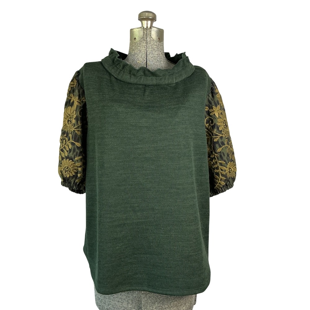 THML Green Ruffle Mock Neck Top Leopard Floral Embroidered Puff Sleeve L Flaw
